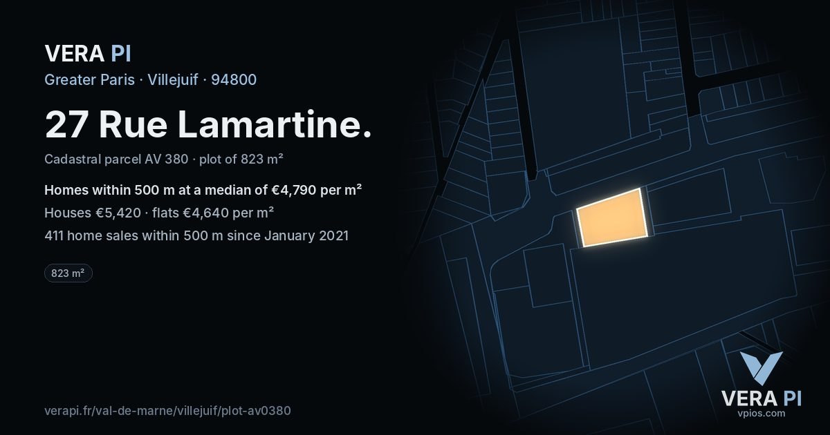 27 Rue Lamartine, Villejuif at night – the plot lit, the parcels around coloured by the prices near them