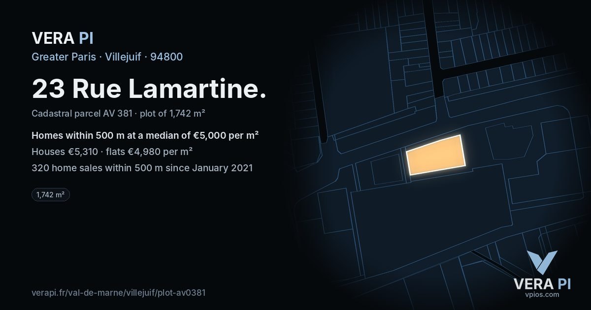 23 Rue Lamartine, Villejuif at night – the plot lit, the parcels around coloured by the prices near them
