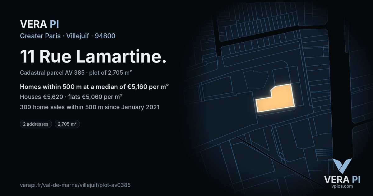 11 Rue Lamartine, Villejuif at night – the plot lit, the parcels around coloured by the prices near them