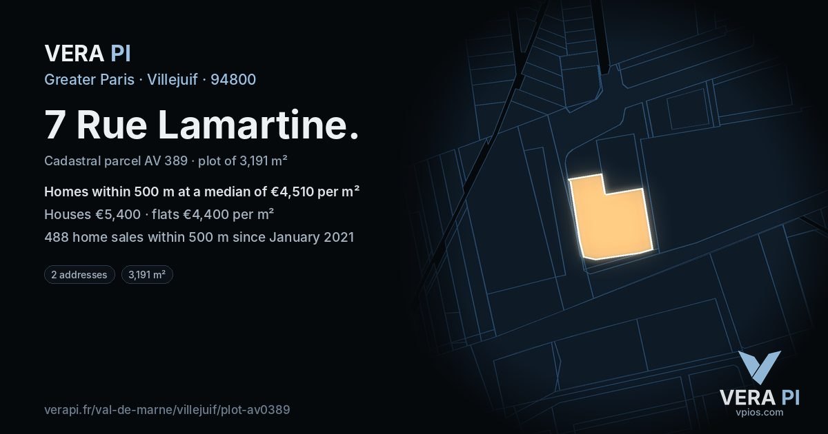 7 Rue Lamartine, Villejuif at night – the plot lit, the parcels around coloured by the prices near them