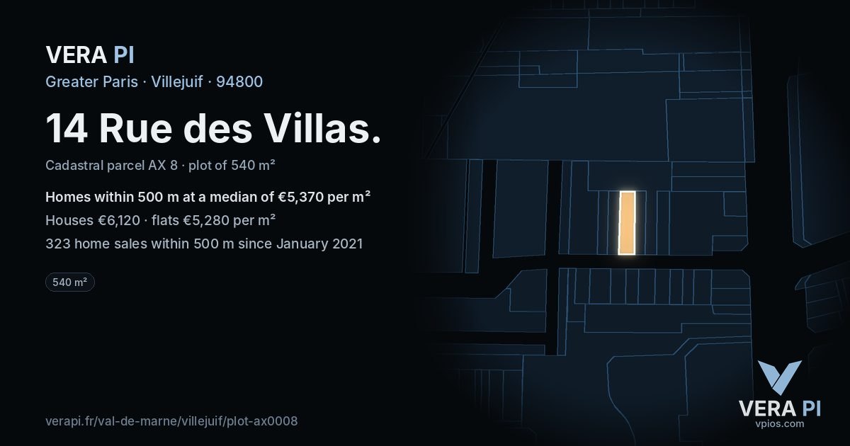 14 Rue des Villas, Villejuif at night – the plot lit, the parcels around coloured by the prices near them