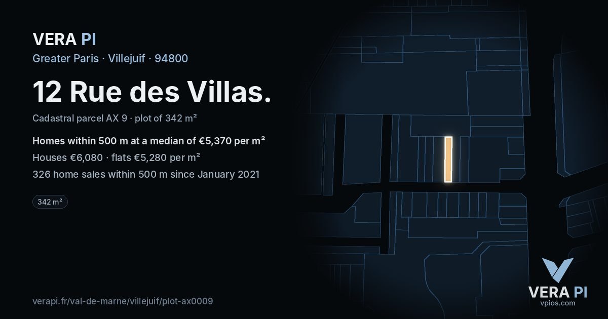 12 Rue des Villas, Villejuif at night – the plot lit, the parcels around coloured by the prices near them