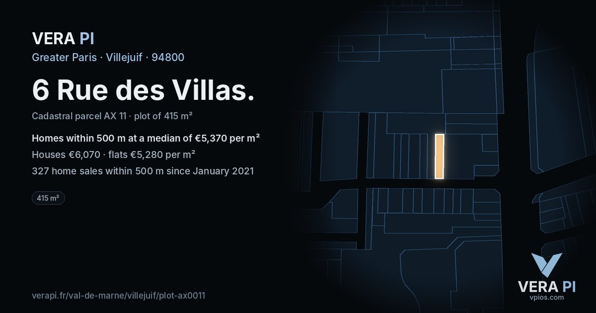6 Rue des Villas, Villejuif at night – the plot lit, the parcels around coloured by the prices near them
