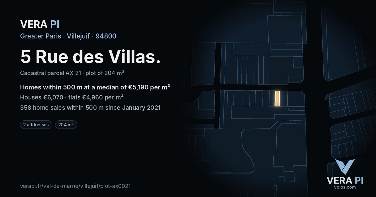 5 Rue des Villas, Villejuif at night – the plot lit, the parcels around coloured by the prices near them