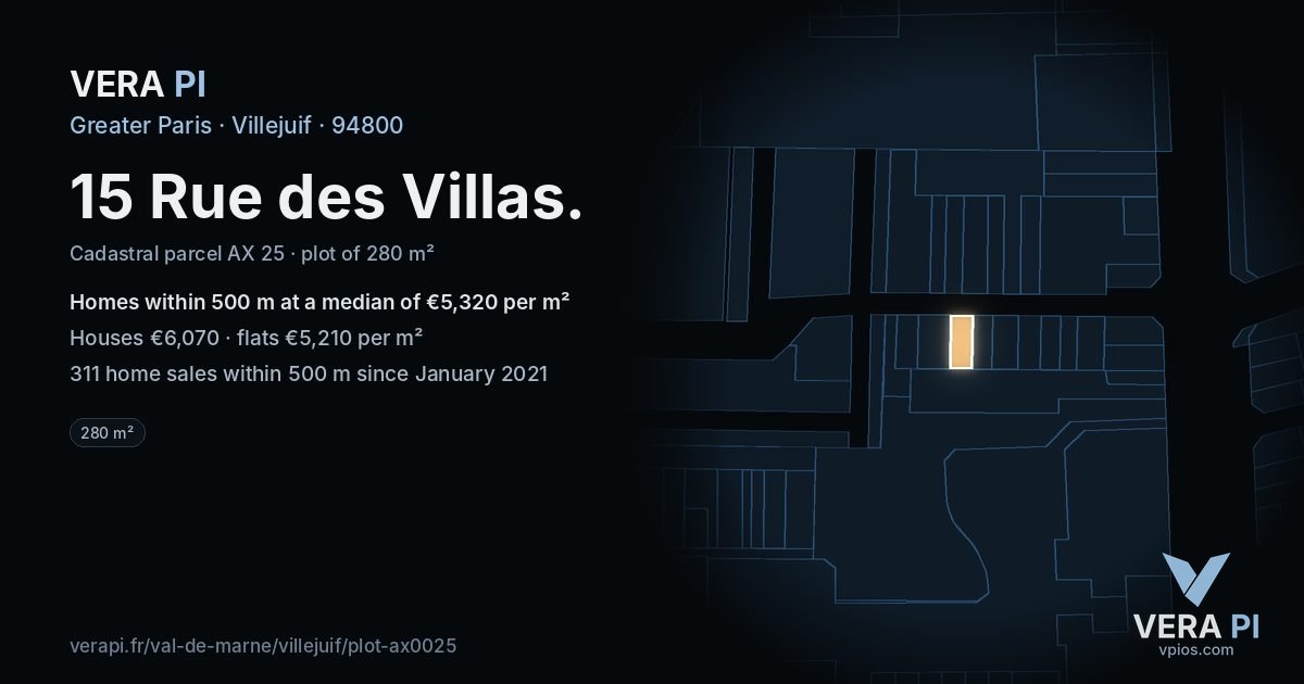 15 Rue des Villas, Villejuif at night – the plot lit, the parcels around coloured by the prices near them