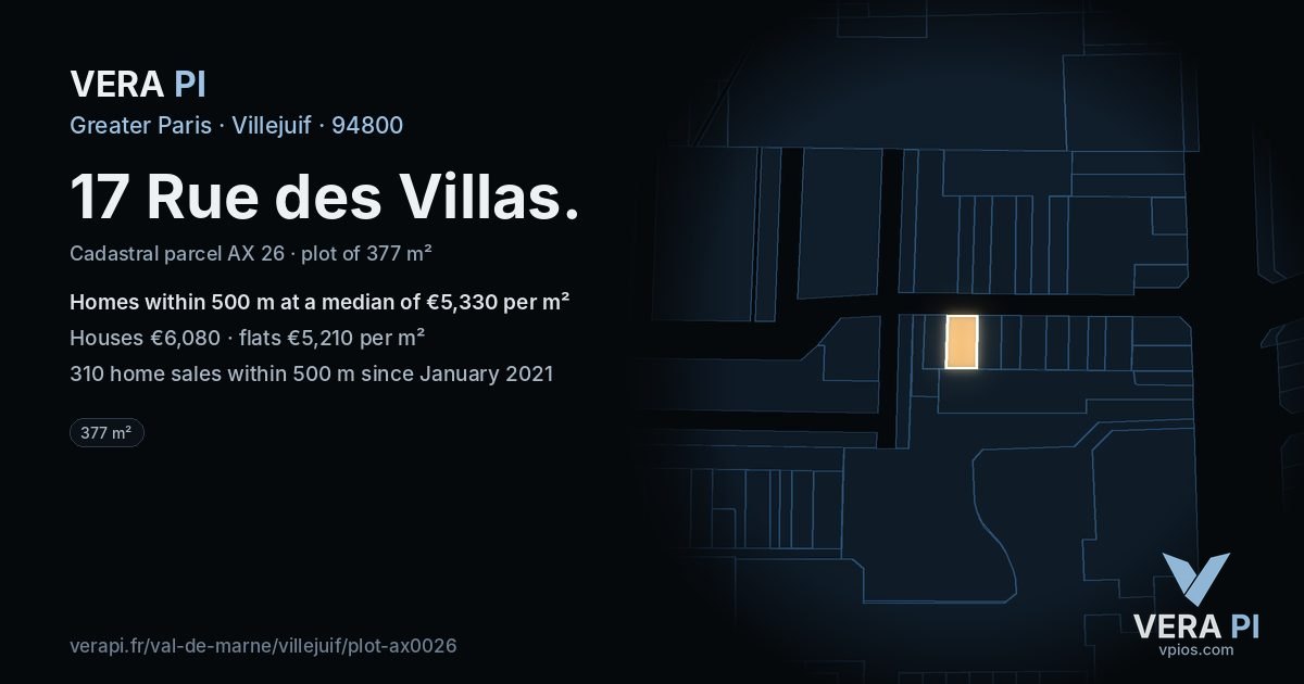 17 Rue des Villas, Villejuif at night – the plot lit, the parcels around coloured by the prices near them