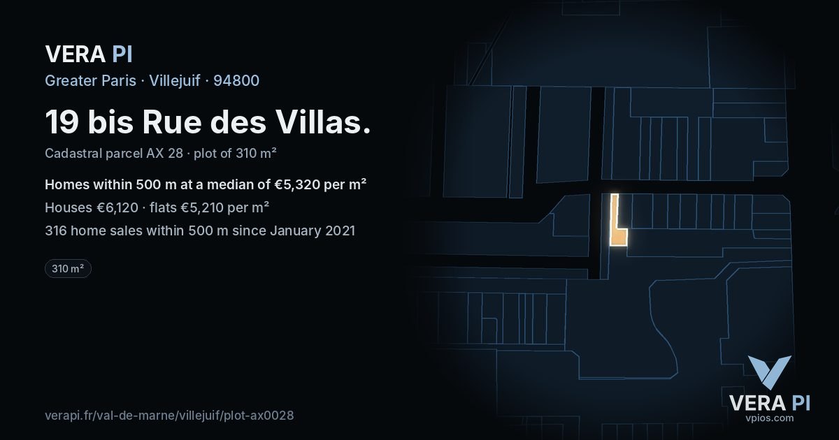 19 bis Rue des Villas, Villejuif at night – the plot lit, the parcels around coloured by the prices near them