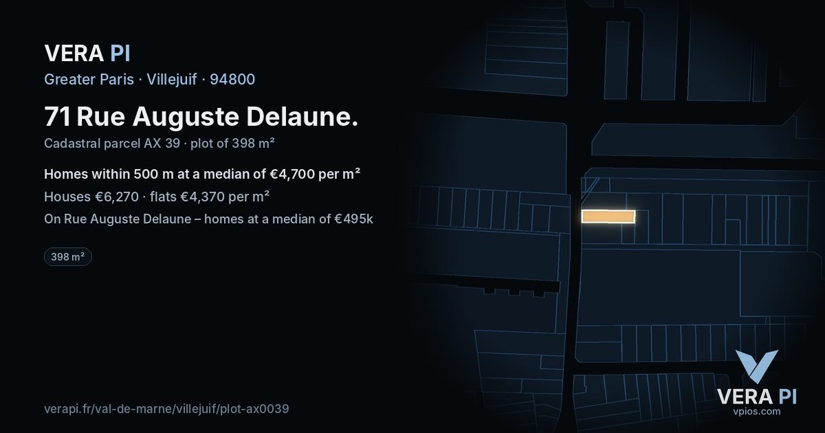 71 Rue Auguste Delaune, Villejuif at night – the plot lit, the parcels around coloured by the prices near them