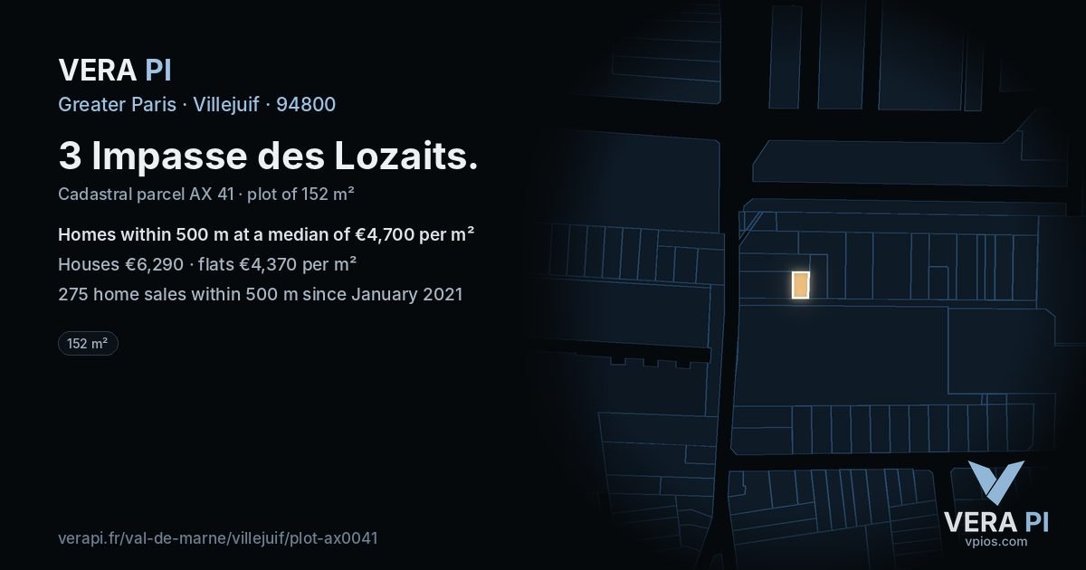 3 Impasse des Lozaits, Villejuif at night – the plot lit, the parcels around coloured by the prices near them