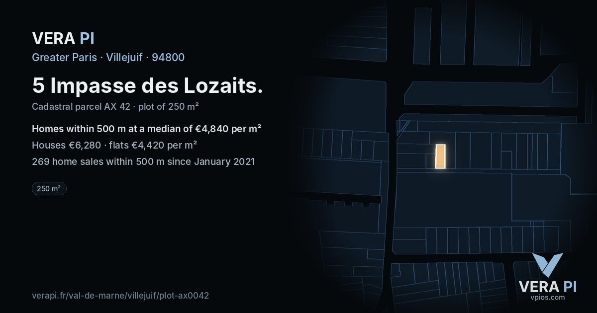 5 Impasse des Lozaits, Villejuif at night – the plot lit, the parcels around coloured by the prices near them