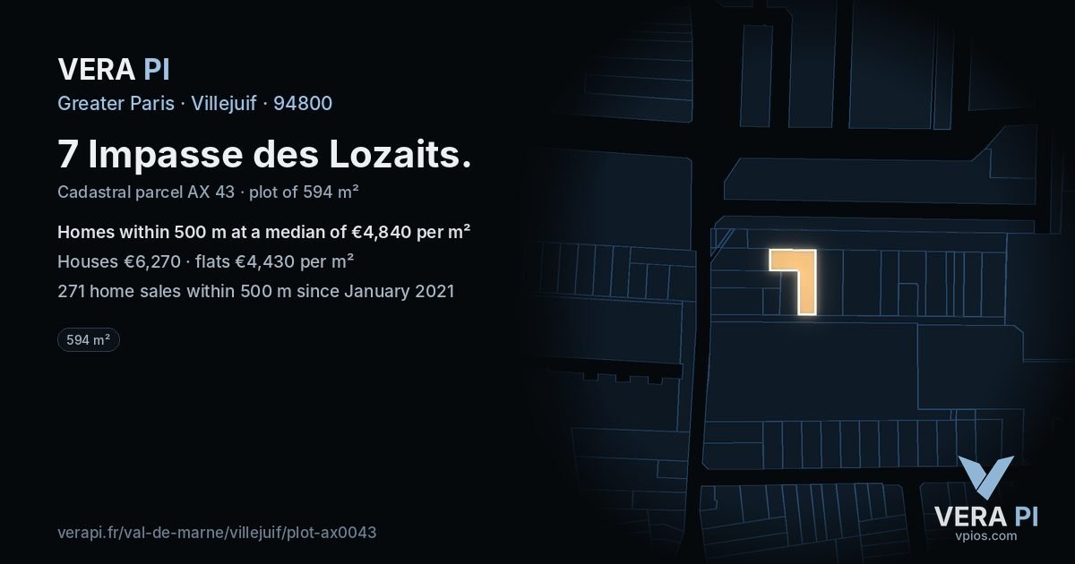 7 Impasse des Lozaits, Villejuif at night – the plot lit, the parcels around coloured by the prices near them