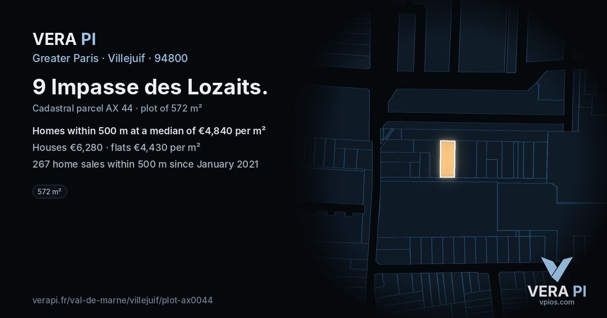 9 Impasse des Lozaits, Villejuif at night – the plot lit, the parcels around coloured by the prices near them