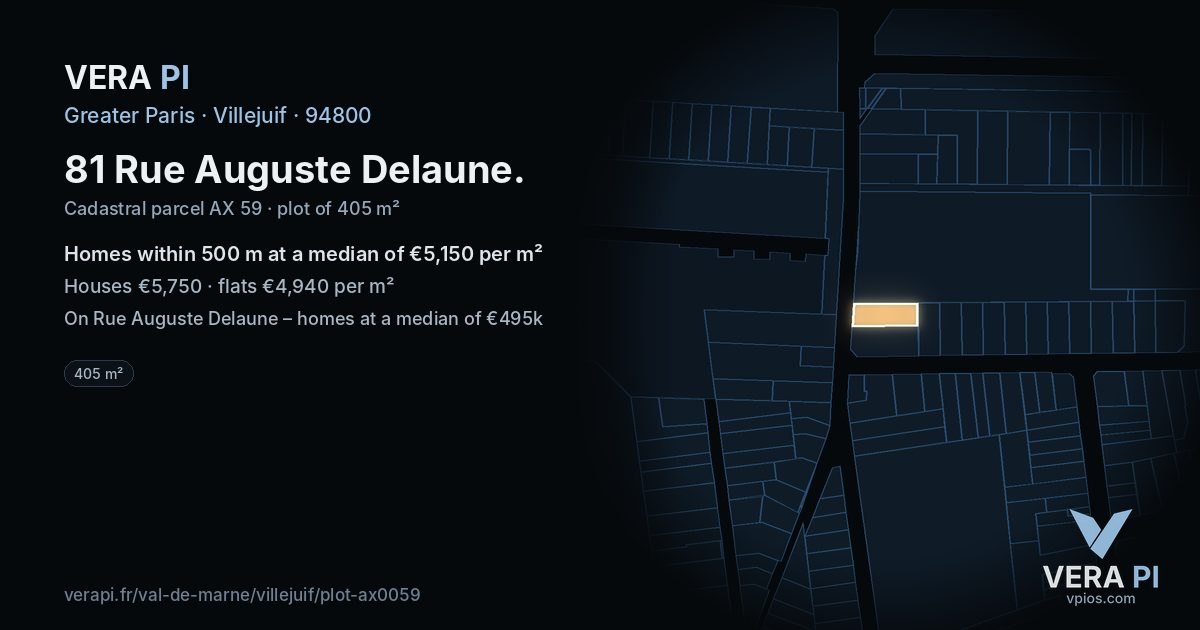81 Rue Auguste Delaune, Villejuif at night – the plot lit, the parcels around coloured by the prices near them
