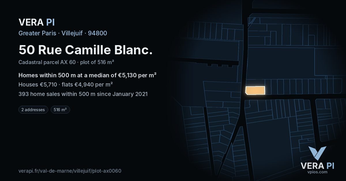 50 Rue Camille Blanc, Villejuif at night – the plot lit, the parcels around coloured by the prices near them