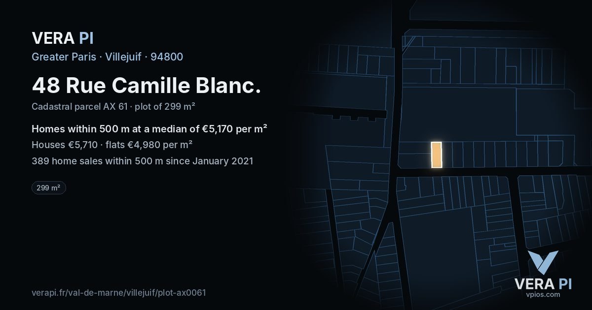 48 Rue Camille Blanc, Villejuif at night – the plot lit, the parcels around coloured by the prices near them