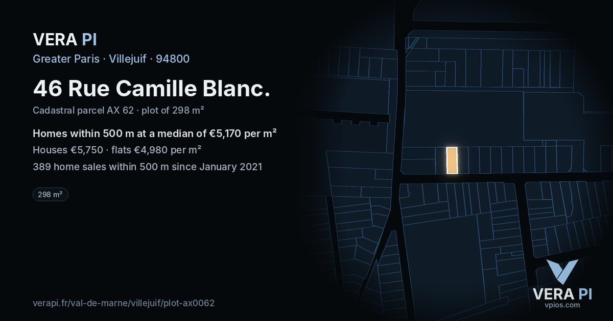 46 Rue Camille Blanc, Villejuif at night – the plot lit, the parcels around coloured by the prices near them