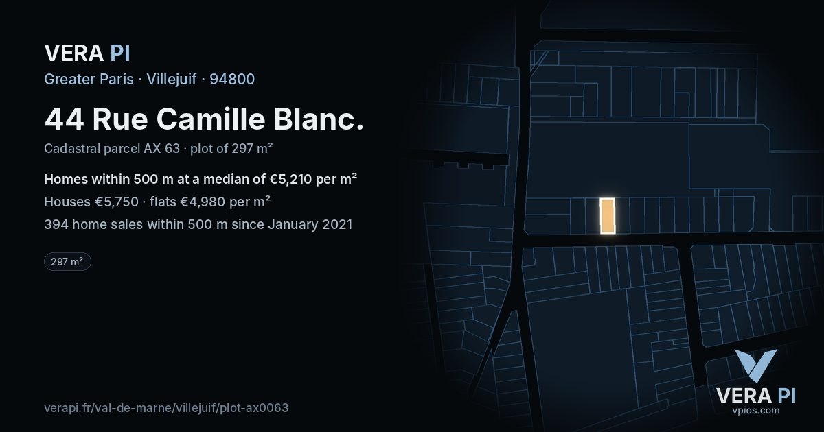 44 Rue Camille Blanc, Villejuif at night – the plot lit, the parcels around coloured by the prices near them