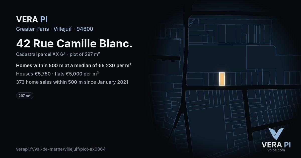 42 Rue Camille Blanc, Villejuif at night – the plot lit, the parcels around coloured by the prices near them