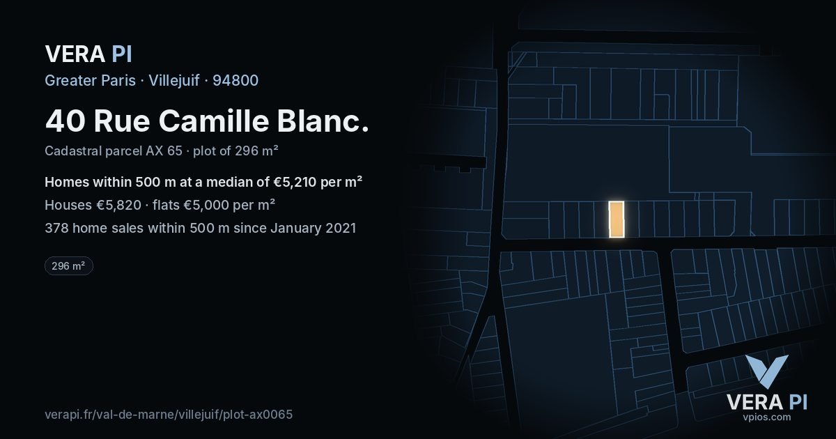 40 Rue Camille Blanc, Villejuif at night – the plot lit, the parcels around coloured by the prices near them