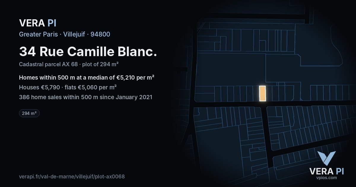 34 Rue Camille Blanc, Villejuif at night – the plot lit, the parcels around coloured by the prices near them