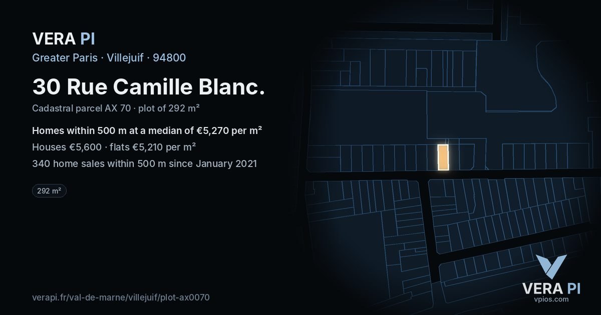 30 Rue Camille Blanc, Villejuif at night – the plot lit, the parcels around coloured by the prices near them