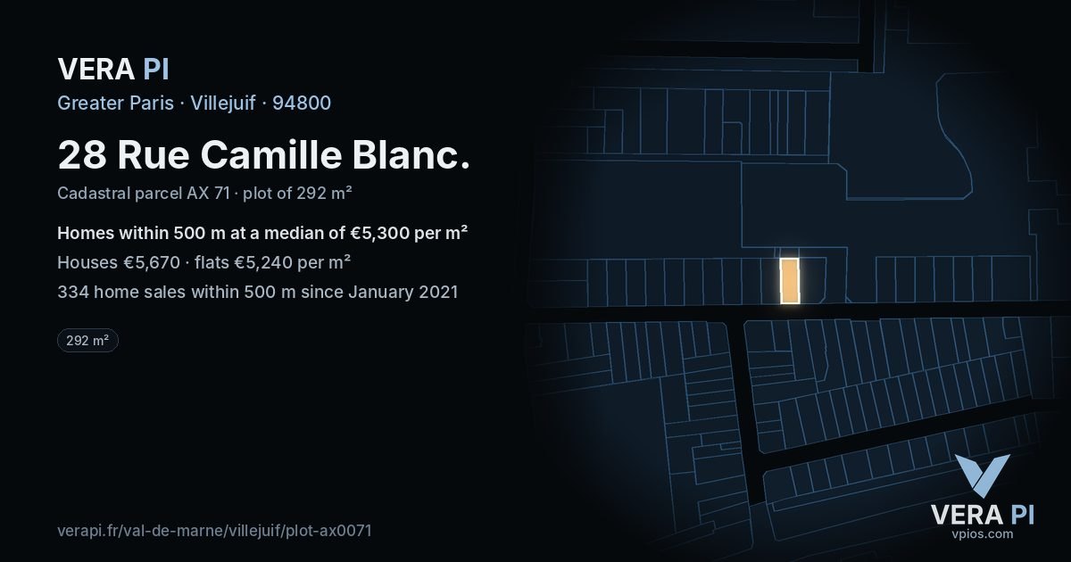 28 Rue Camille Blanc, Villejuif at night – the plot lit, the parcels around coloured by the prices near them