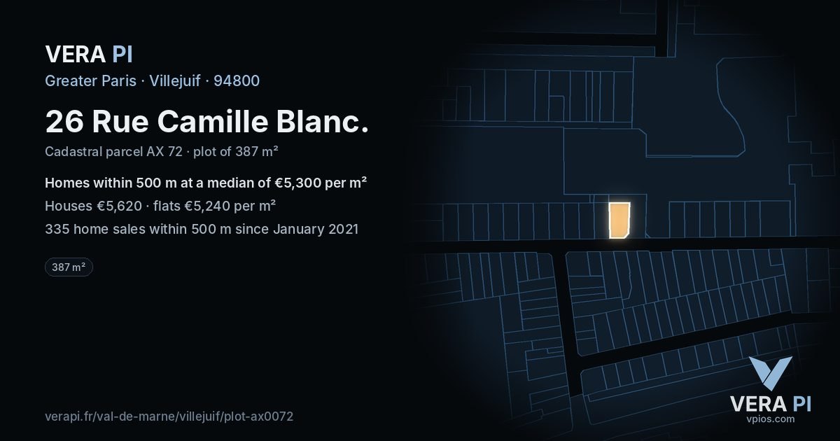 26 Rue Camille Blanc, Villejuif at night – the plot lit, the parcels around coloured by the prices near them