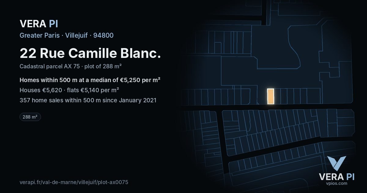 22 Rue Camille Blanc, Villejuif at night – the plot lit, the parcels around coloured by the prices near them