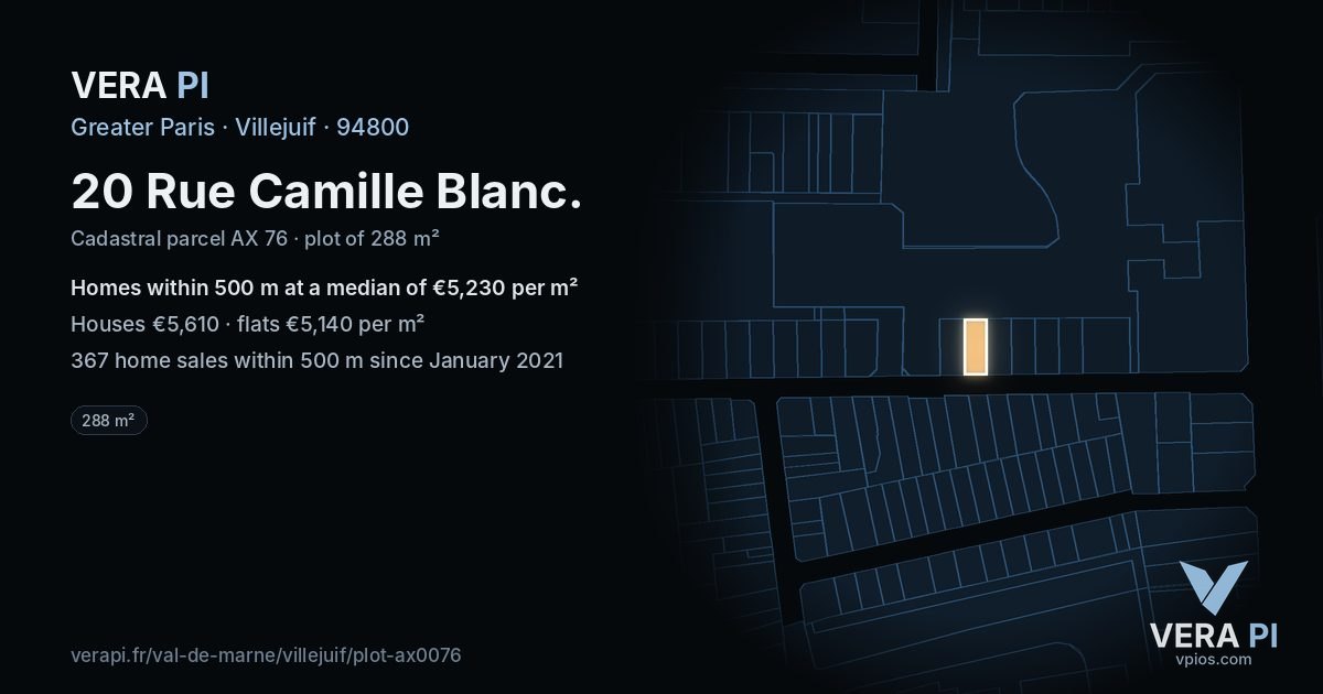 20 Rue Camille Blanc, Villejuif at night – the plot lit, the parcels around coloured by the prices near them
