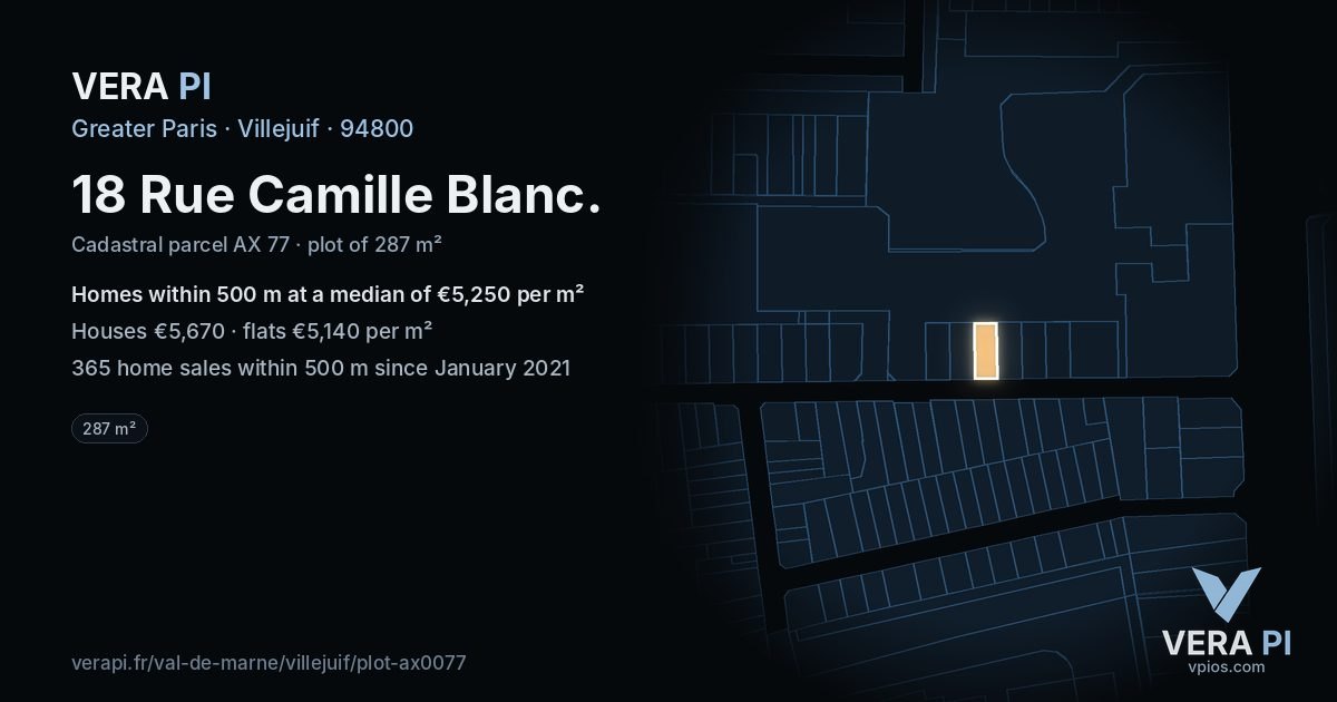 18 Rue Camille Blanc, Villejuif at night – the plot lit, the parcels around coloured by the prices near them