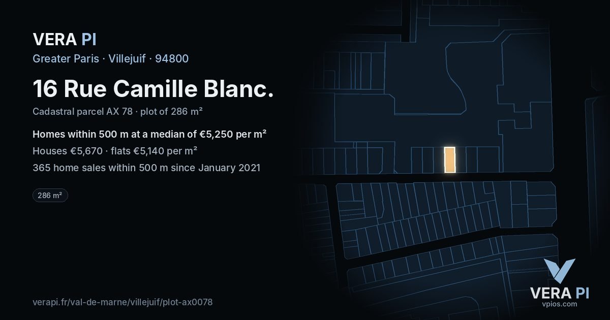 16 Rue Camille Blanc, Villejuif at night – the plot lit, the parcels around coloured by the prices near them