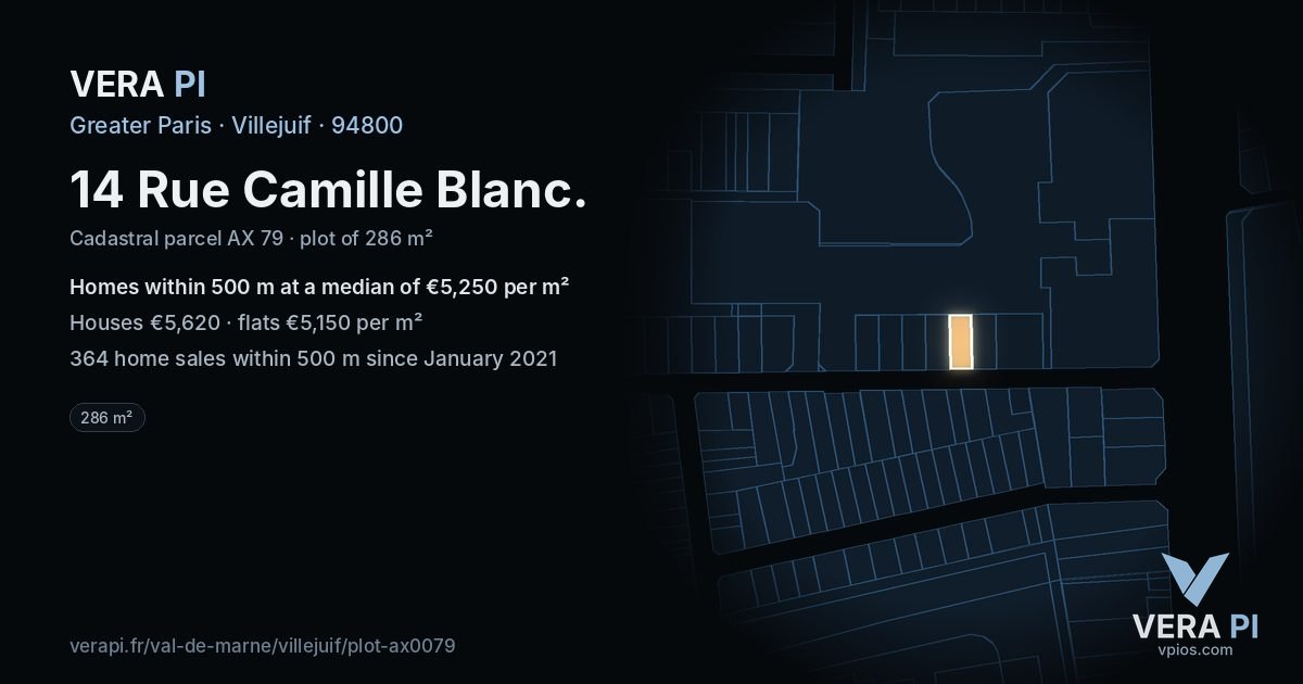 14 Rue Camille Blanc, Villejuif at night – the plot lit, the parcels around coloured by the prices near them