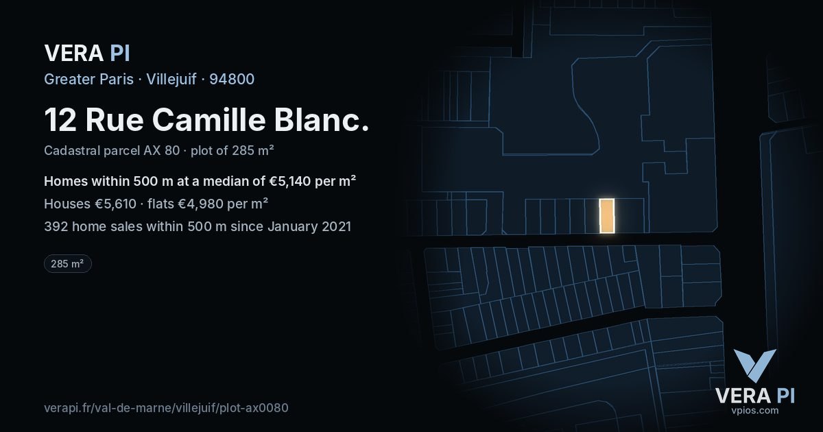 12 Rue Camille Blanc, Villejuif at night – the plot lit, the parcels around coloured by the prices near them