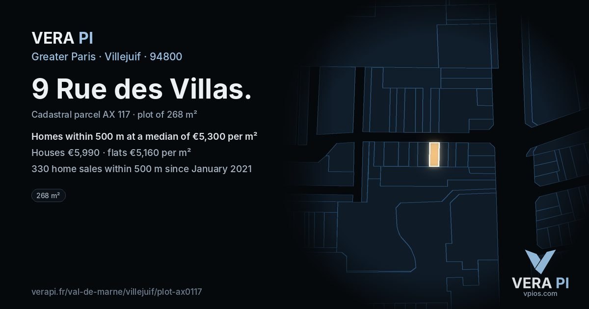 9 Rue des Villas, Villejuif at night – the plot lit, the parcels around coloured by the prices near them