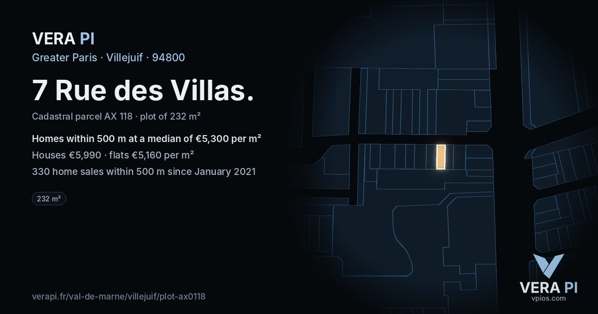 7 Rue des Villas, Villejuif at night – the plot lit, the parcels around coloured by the prices near them