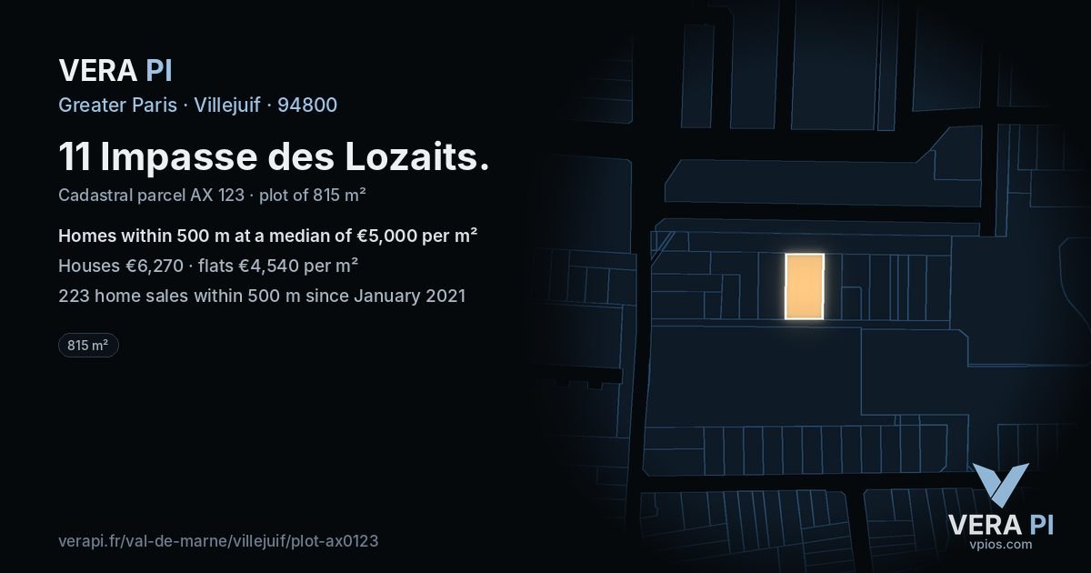 11 Impasse des Lozaits, Villejuif at night – the plot lit, the parcels around coloured by the prices near them