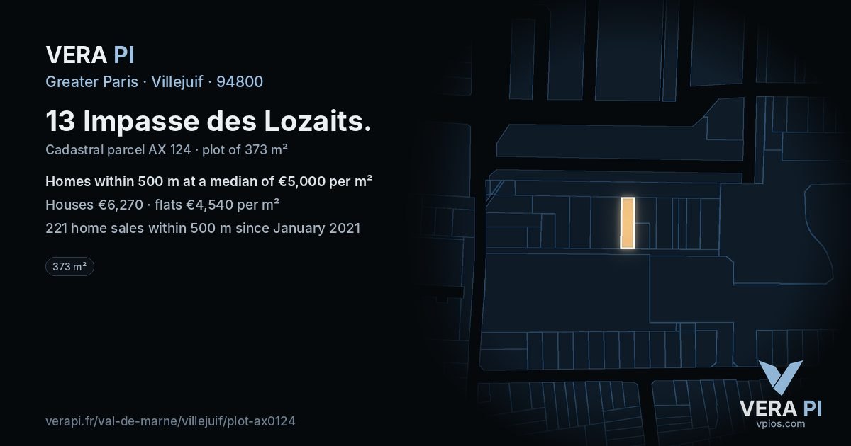 13 Impasse des Lozaits, Villejuif at night – the plot lit, the parcels around coloured by the prices near them