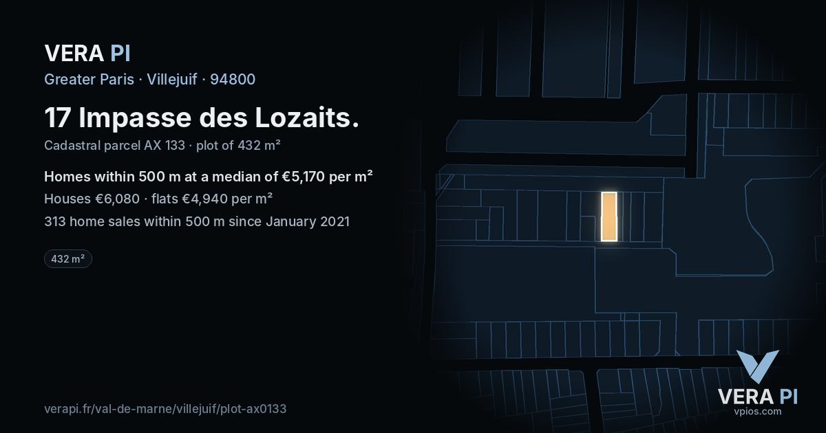17 Impasse des Lozaits, Villejuif at night – the plot lit, the parcels around coloured by the prices near them