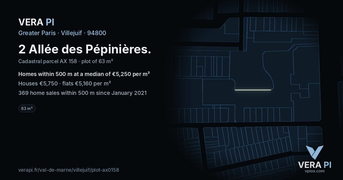 2 Allée des Pépinières, Villejuif at night – the plot lit, the parcels around coloured by the prices near them