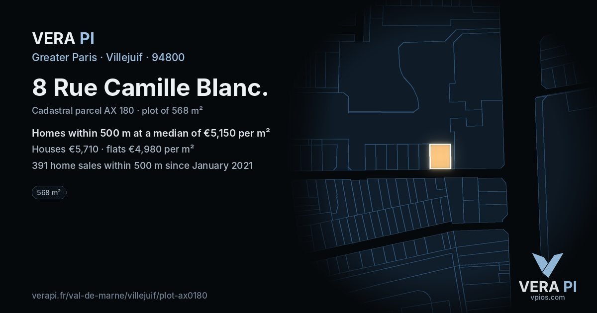 8 Rue Camille Blanc, Villejuif at night – the plot lit, the parcels around coloured by the prices near them