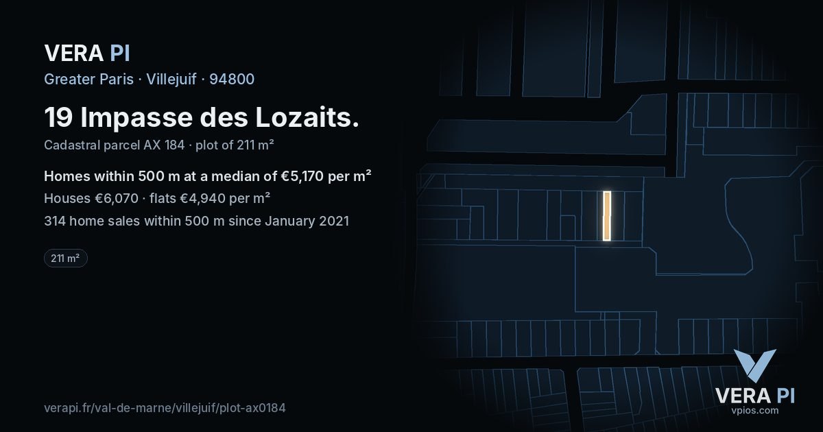19 Impasse des Lozaits, Villejuif at night – the plot lit, the parcels around coloured by the prices near them