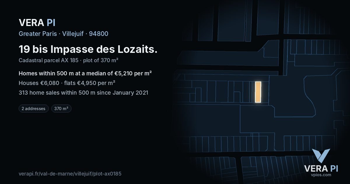 19 bis Impasse des Lozaits, Villejuif at night – the plot lit, the parcels around coloured by the prices near them
