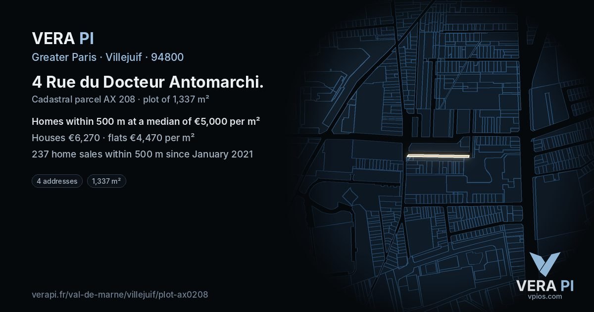 4 Rue du Docteur Antomarchi, Villejuif at night – the plot lit, the parcels around coloured by the prices near them