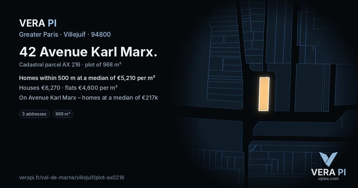 42 Avenue Karl Marx, Villejuif at night – the plot lit, the parcels around coloured by the prices near them