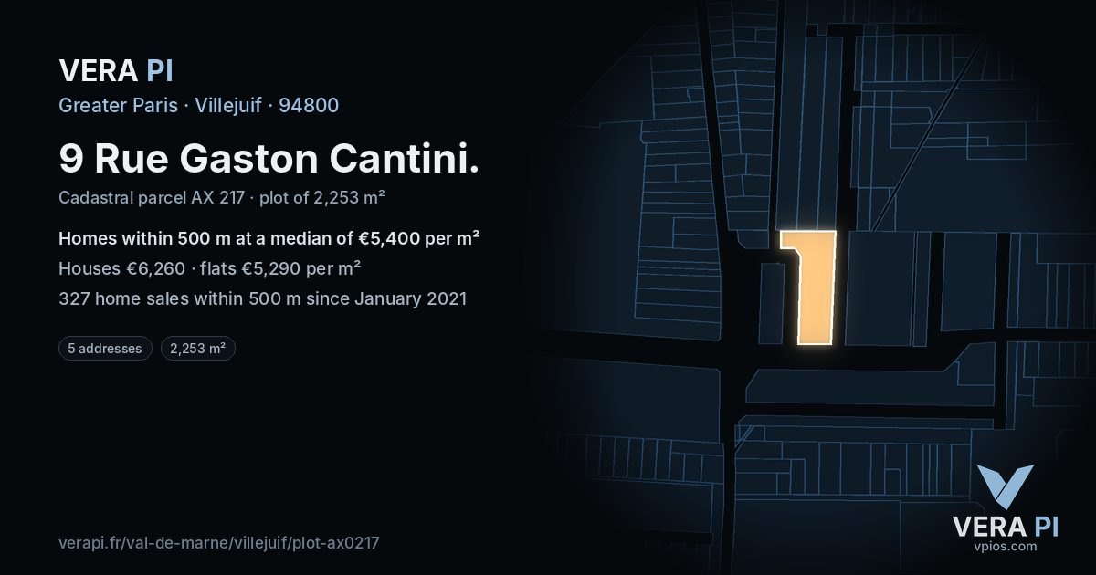 9 Rue Gaston Cantini, Villejuif at night – the plot lit, the parcels around coloured by the prices near them
