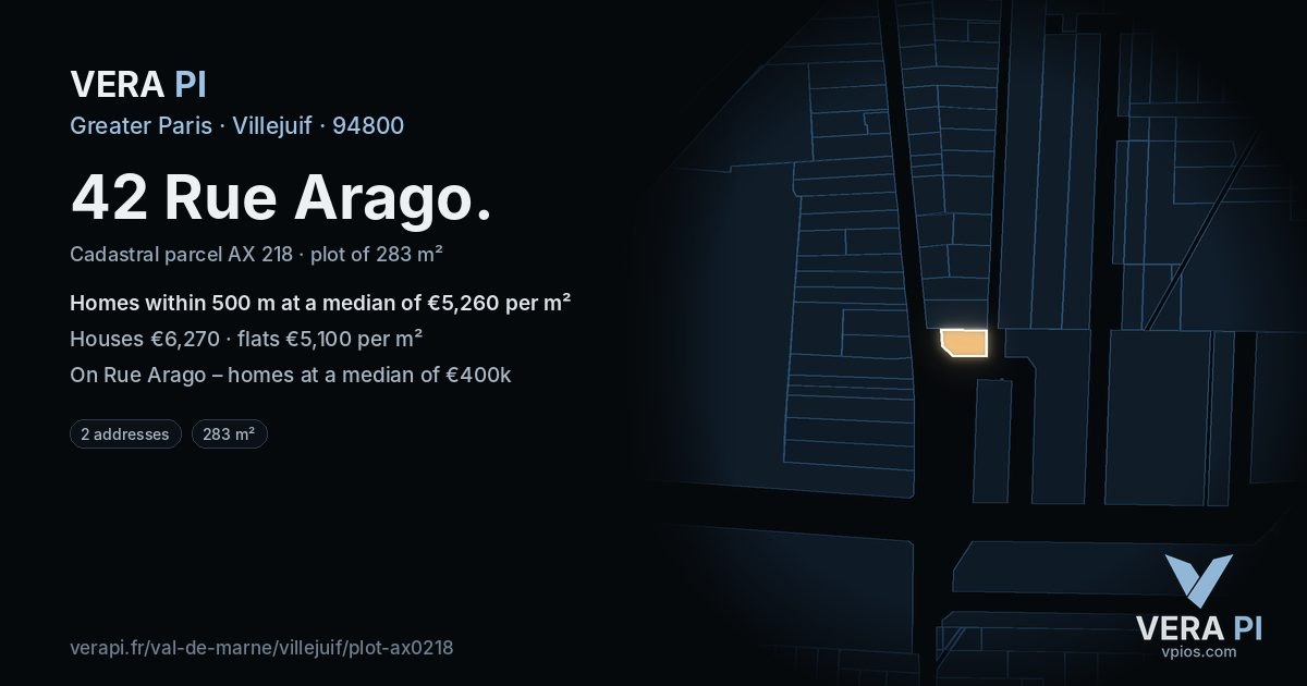 42 Rue Arago, Villejuif at night – the plot lit, the parcels around coloured by the prices near them