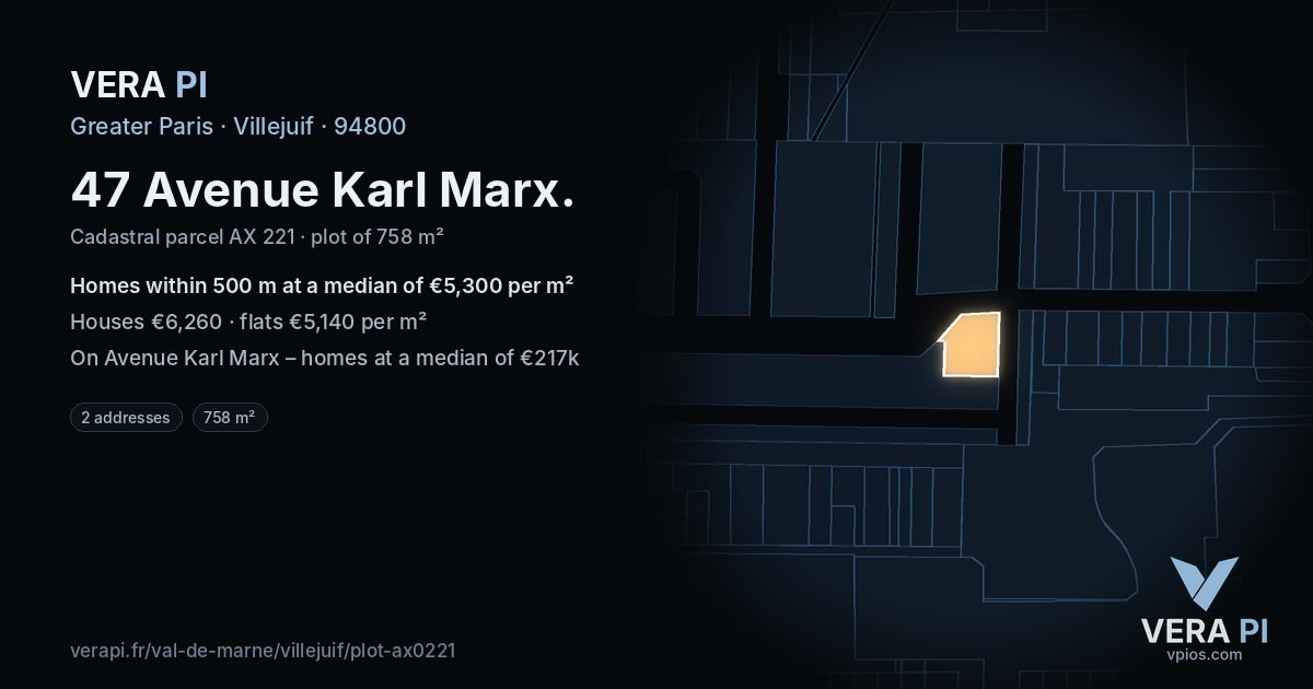 47 Avenue Karl Marx, Villejuif at night – the plot lit, the parcels around coloured by the prices near them