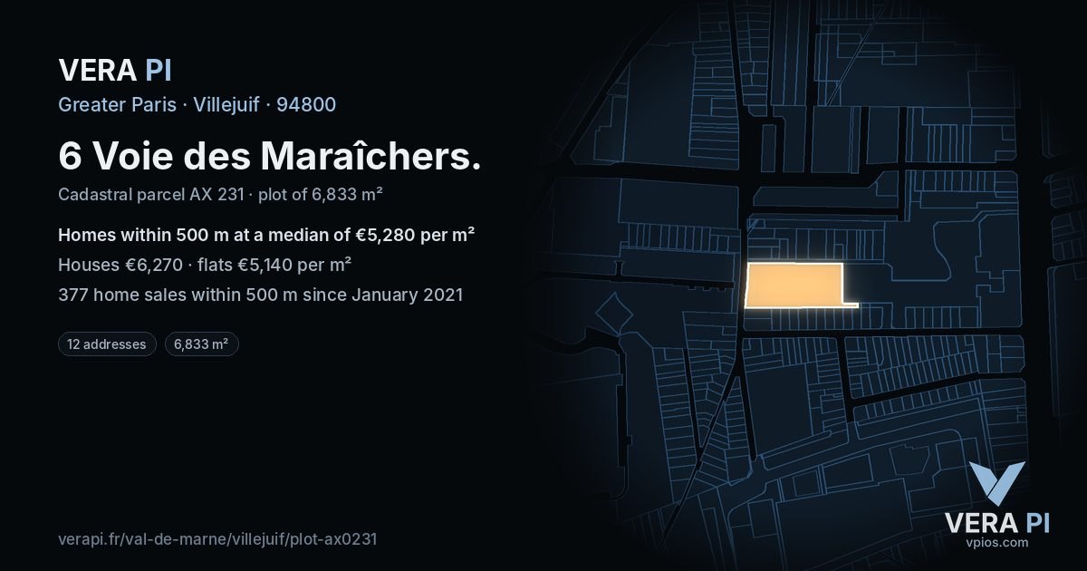 6 Voie des Maraîchers, Villejuif at night – the plot lit, the parcels around coloured by the prices near them