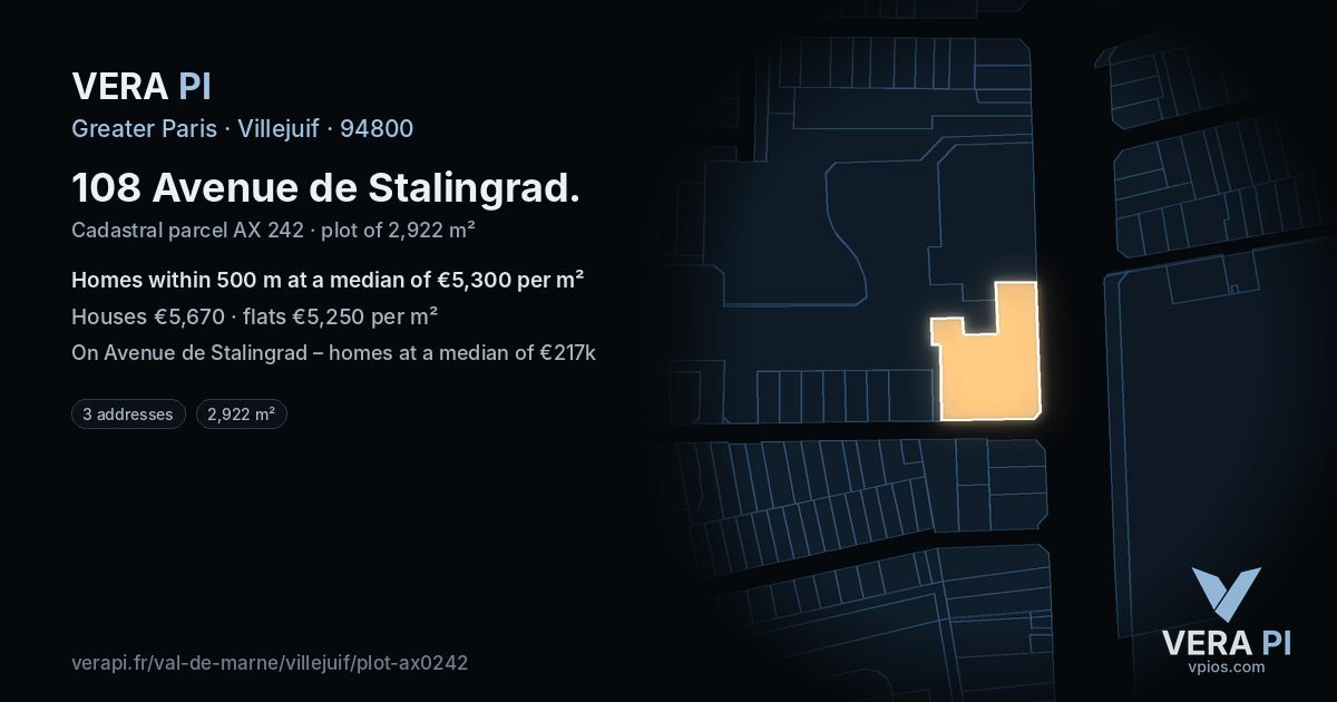 108 Avenue de Stalingrad, Villejuif at night – the plot lit, the parcels around coloured by the prices near them