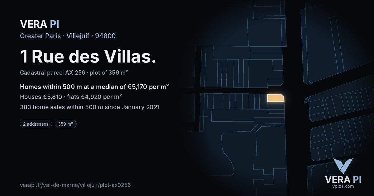 1 Rue des Villas, Villejuif at night – the plot lit, the parcels around coloured by the prices near them